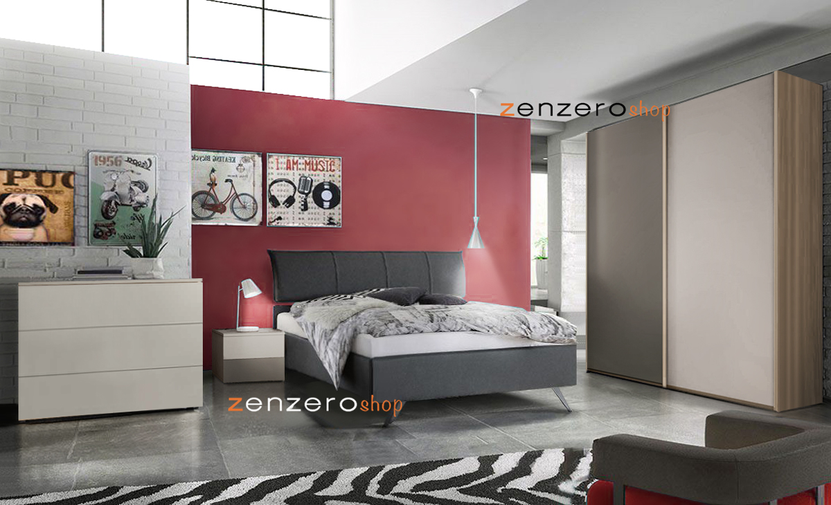 Camera matrimoniale finitura Grigio cenere e Orzo, completa di letto, armadio, comò e comodini