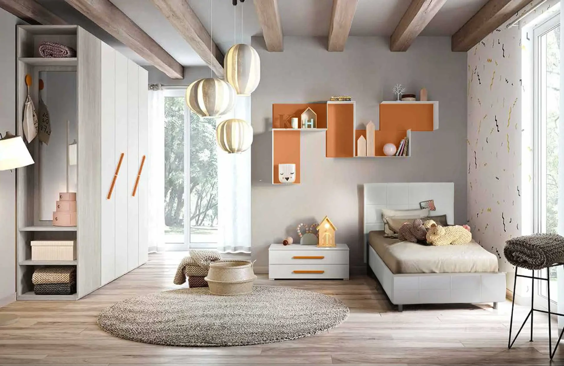 Cameretta scontata per ragazzi in Bianco frassino e Gessato cenere