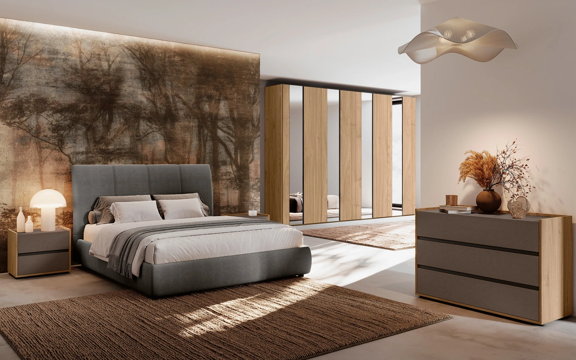 Camera matrimoniale con letto contenitore, Noce biondo e Bronzo