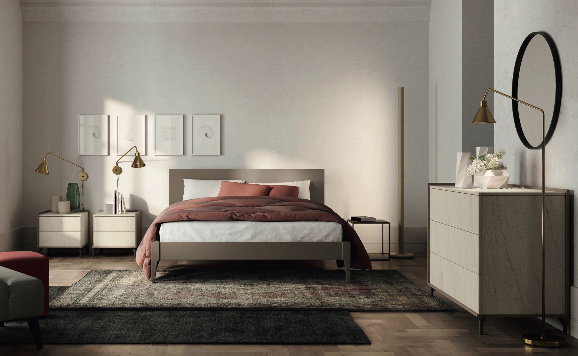 Comò 3 cassetti finitura Moka e Vesuv Sabbia, con apertura push-pull