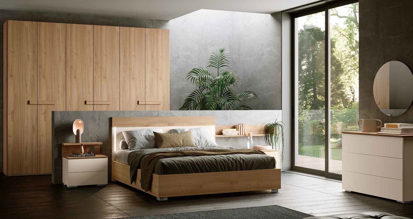 Camera con armadio 6 ante battente, finitura Noce biondo e Orzo