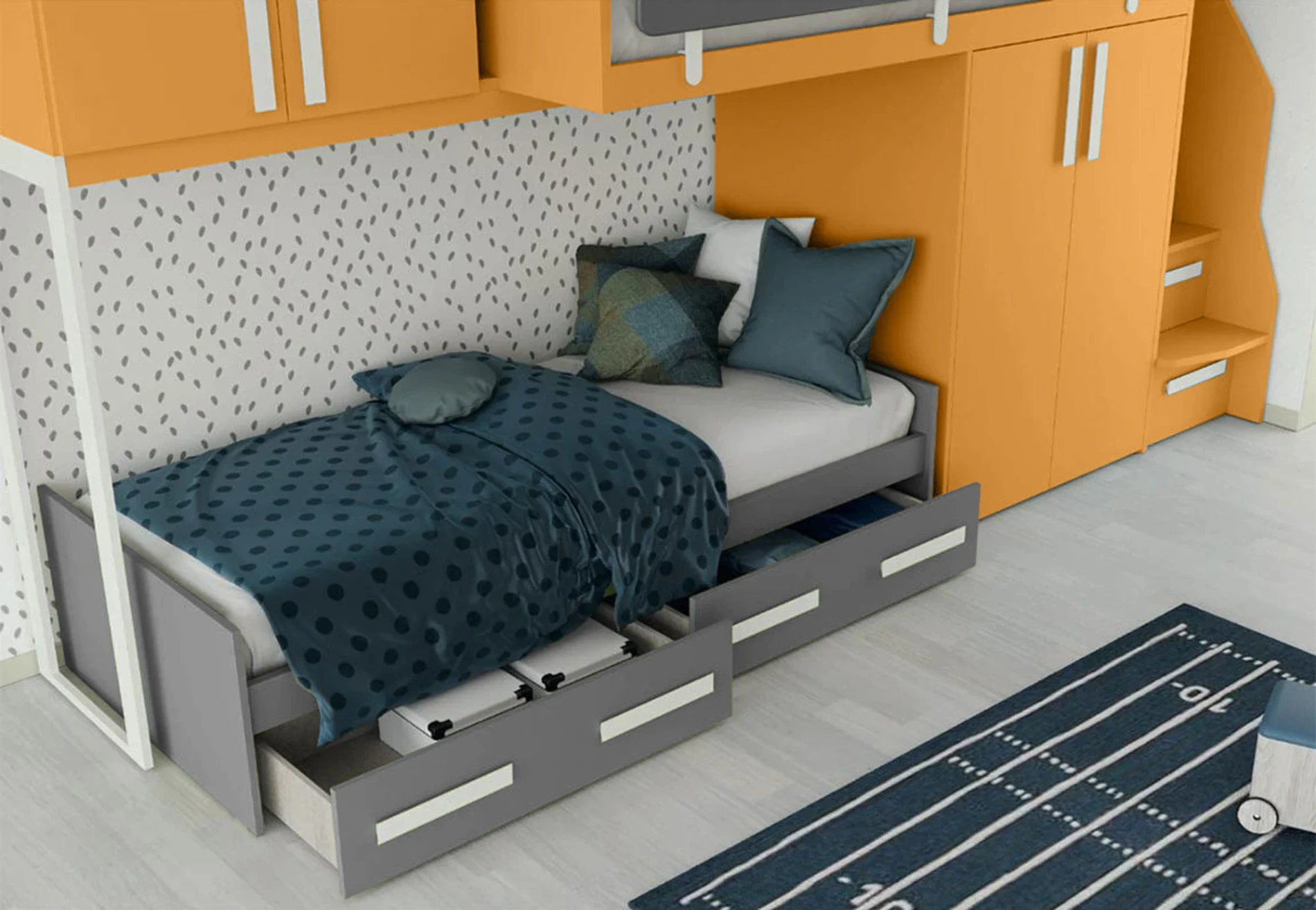 Cameretta Helga per ragazzi in finitura Miele e Grigio Titanio