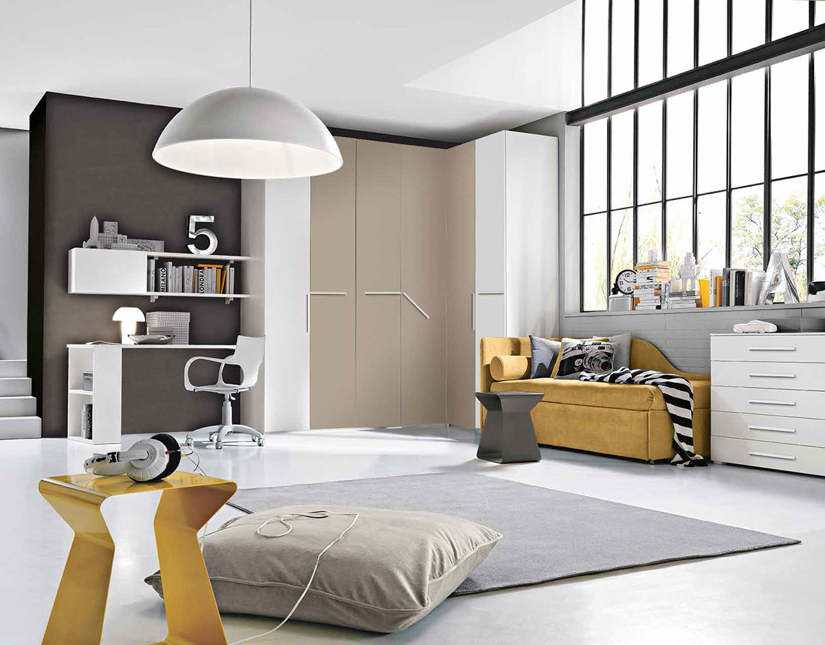 Cameretta salvaspazio con armadio angolare e divano letto, finitura Bianco frassino e Tortora