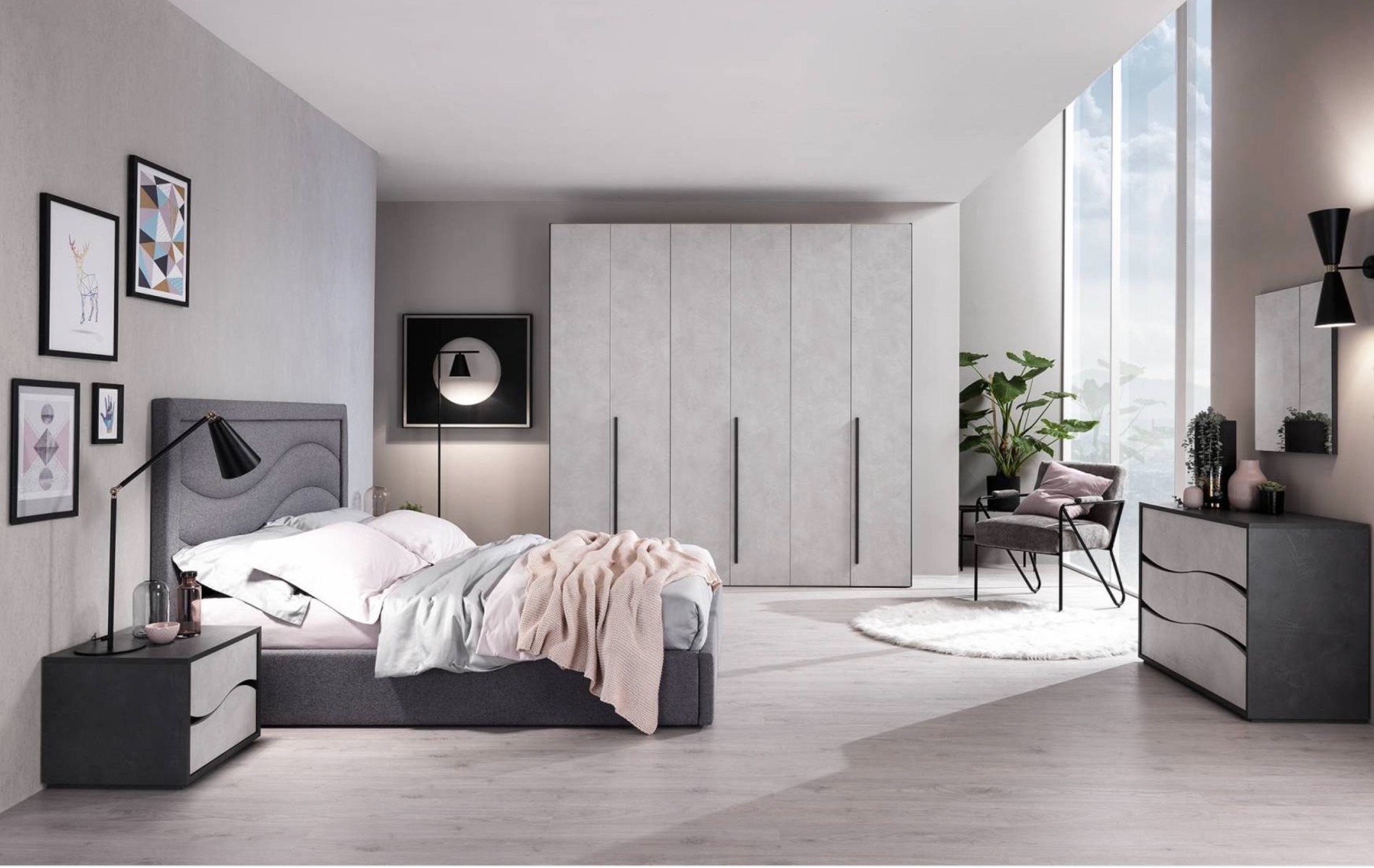 Set moderno composto da comodini e comò, finitura grigio resina chiaro e grigio resina scuro, made in Italy