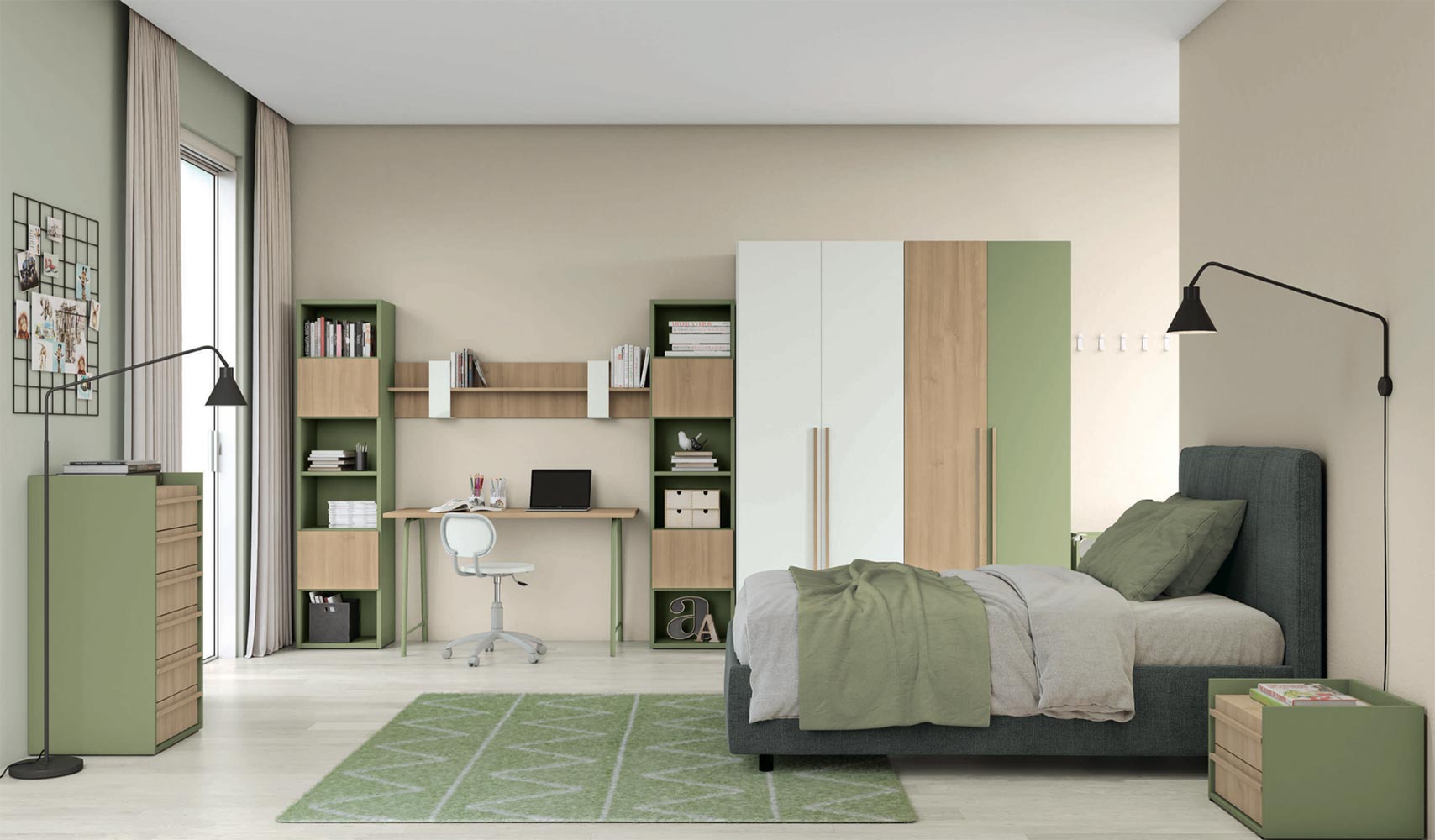 Camera con un letto singolo e armadio in finitura Bianco opaco, Royal Oak e oliva