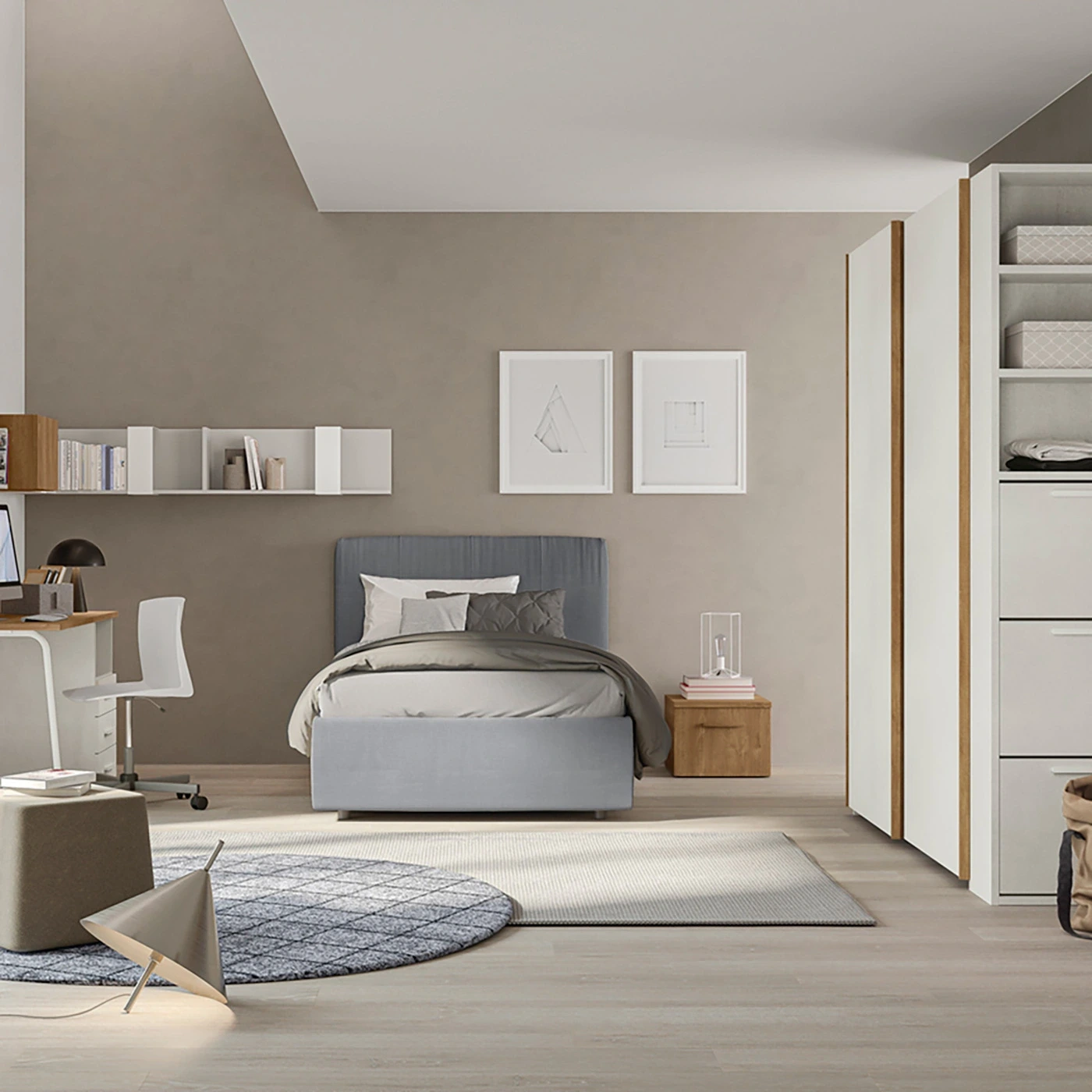 Camera per ragazzi con letto in tessuto, Rovere cognac e Cemento artico