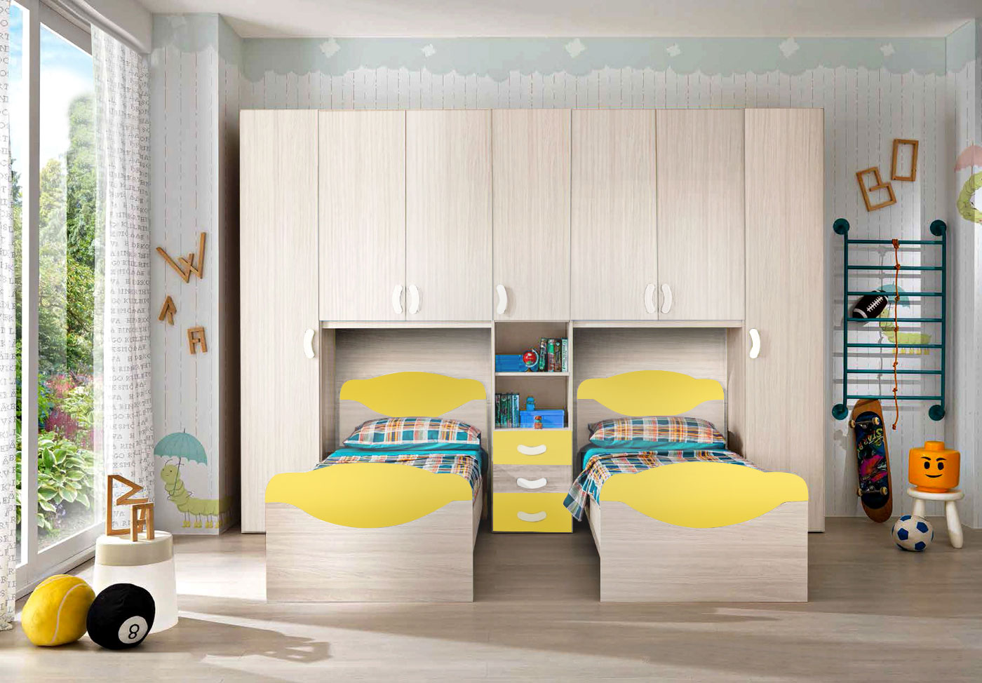 Cameretta doppio ponte Fulvia, finitura Betulla e Giallo