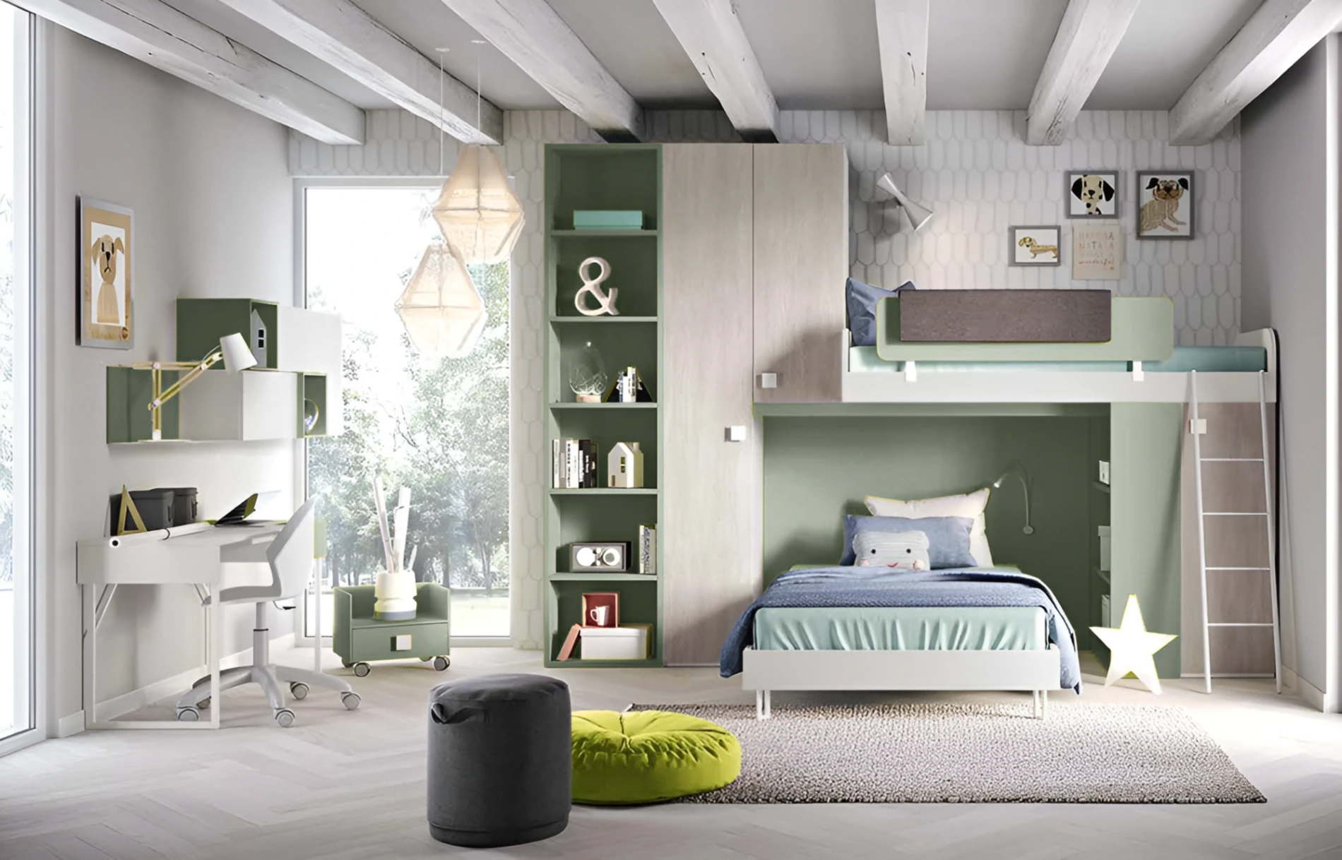 Cameretta con soppalco a 2 posti letto in Bianco frassino, Gessato cenere e Salvia