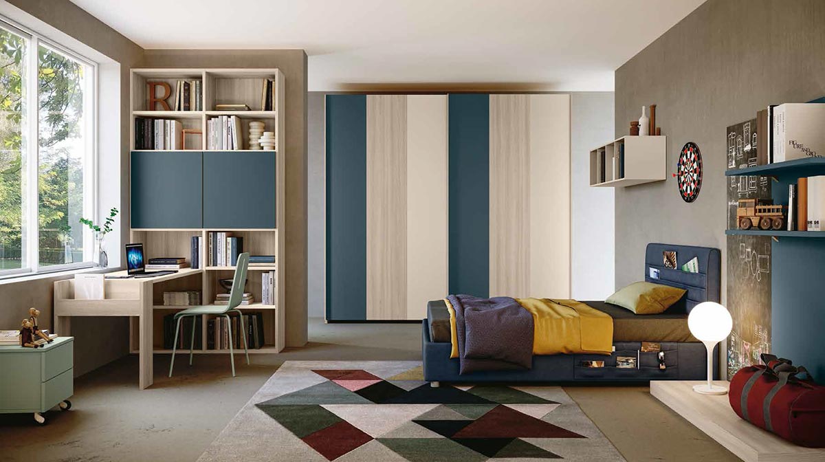 Cameretta con armadio scorrevole e letto imbottito, finitura Petrolio, Orzo e Olmo 