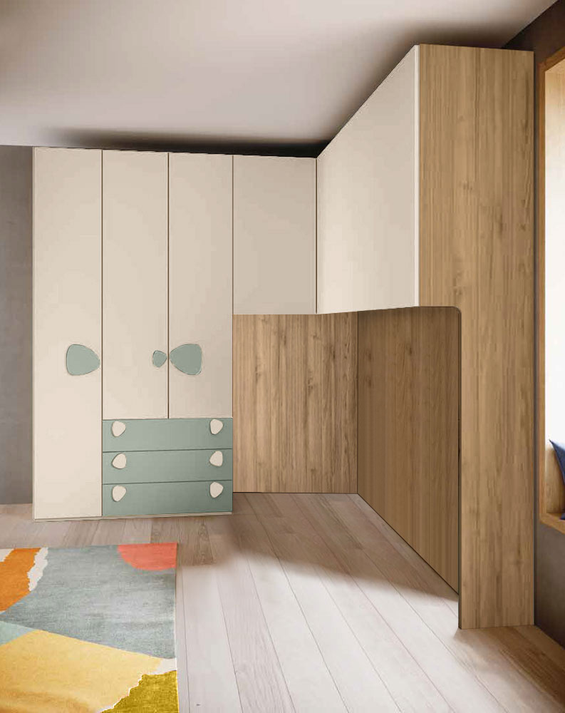 Armadio ponte angolare, finitura Agave, Orzo e Noce biondo