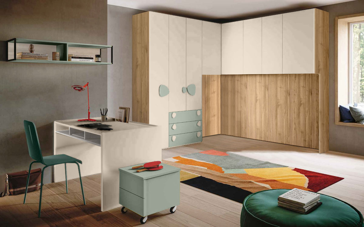 Armadio ponte angolare, finitura Agave, Orzo e Noce biondo