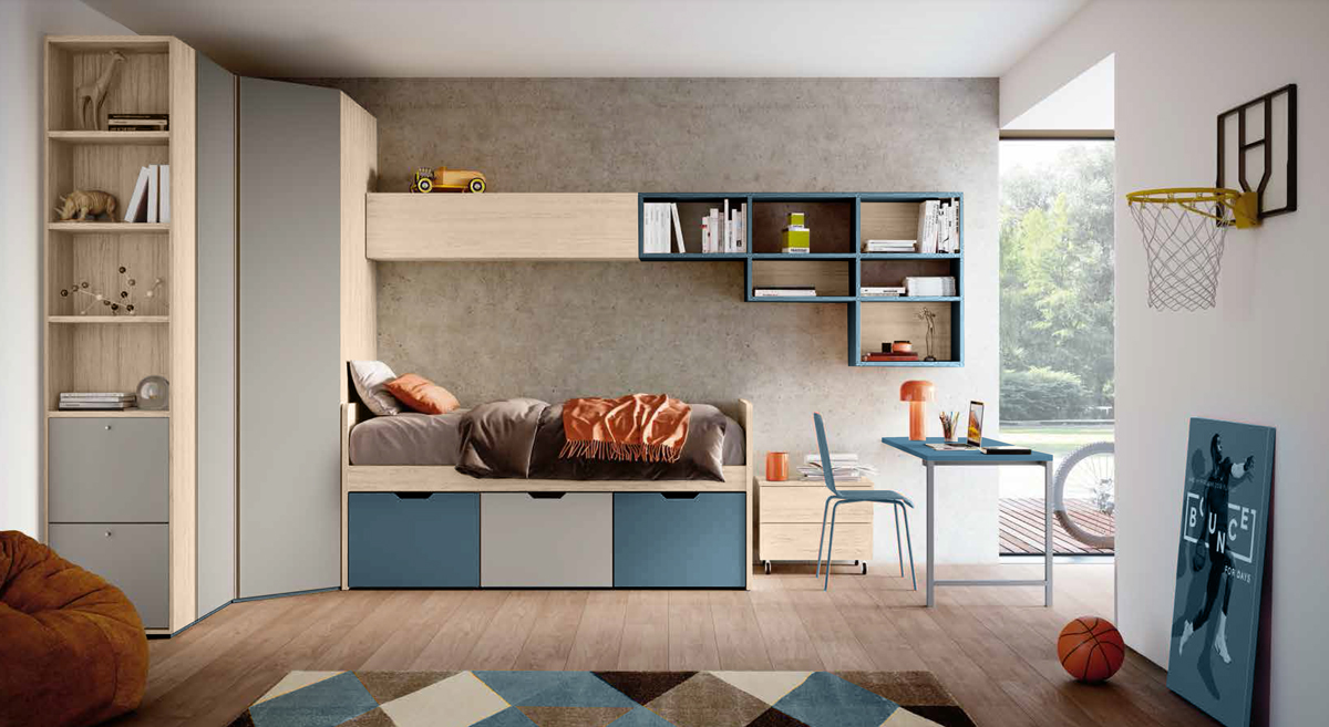 Letto con cassetti singolo in finitura Olmo natura