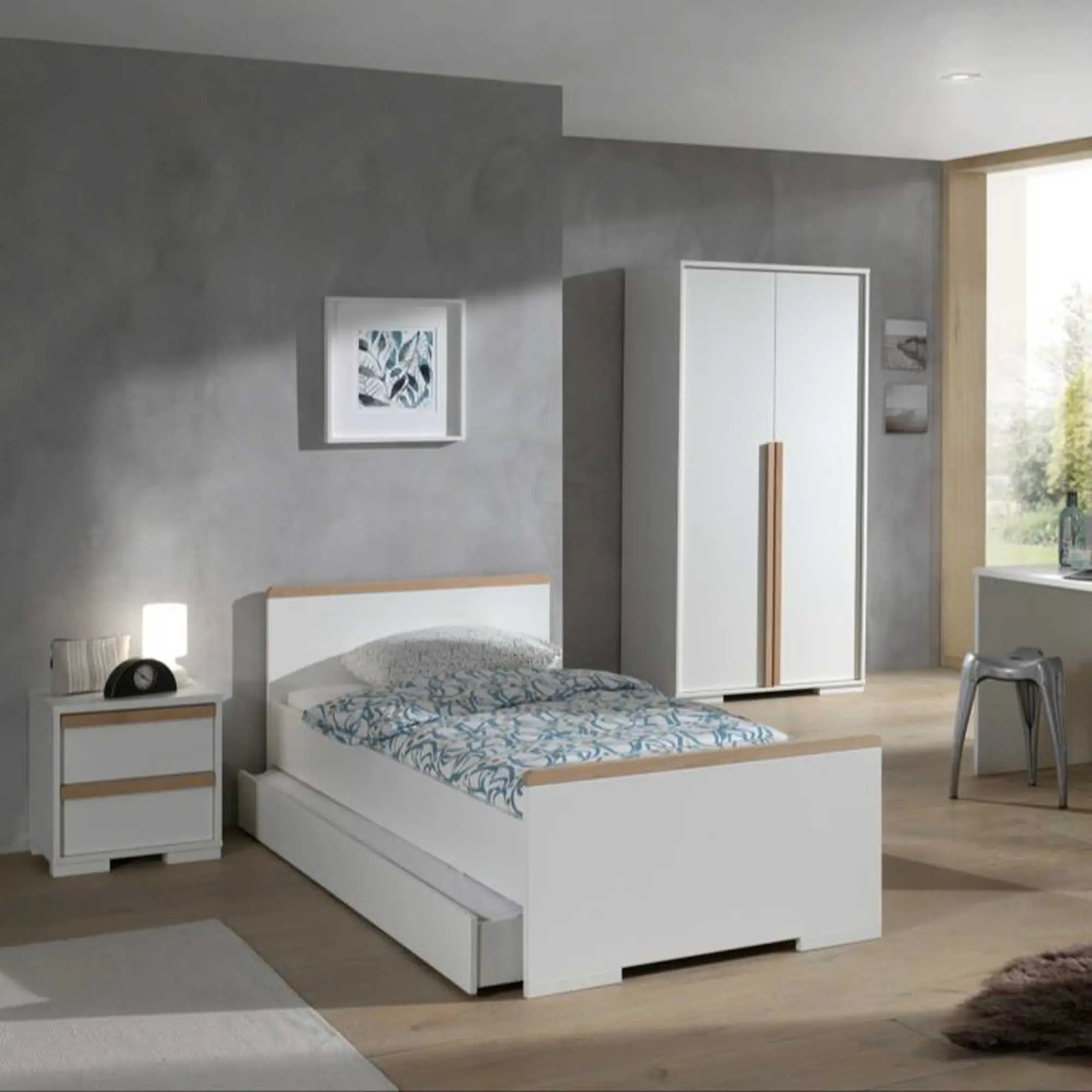 Cameretta moderna composta da armadio 2 ante, letto e comodino 