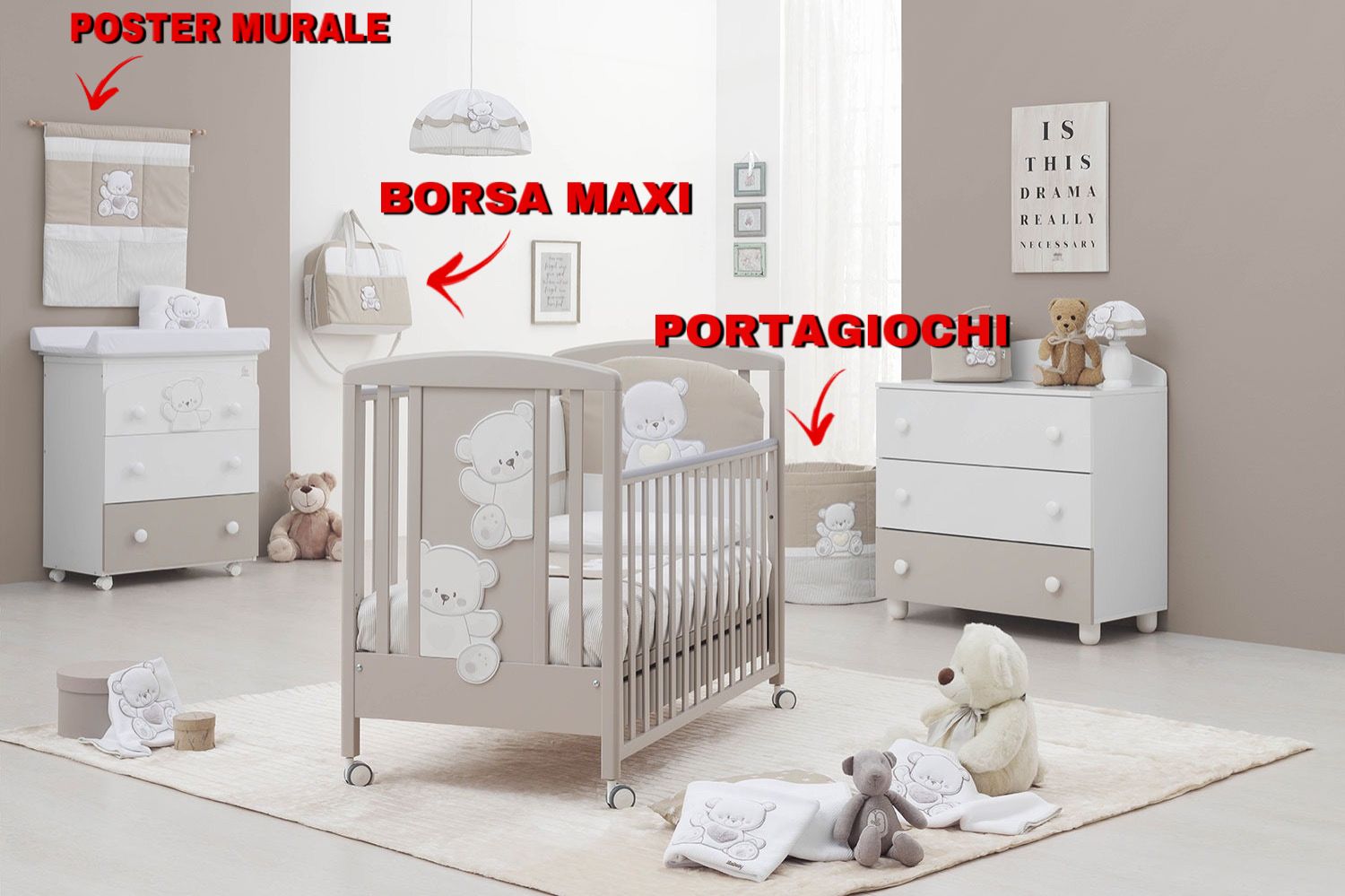Culla Mr.Bear bianca e choco con ruote, decori con orsetti
