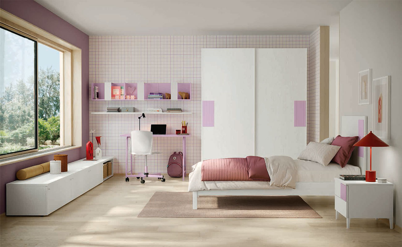 Cameretta ragazza Papaya e Rovere Bianco con armadio scorrevole