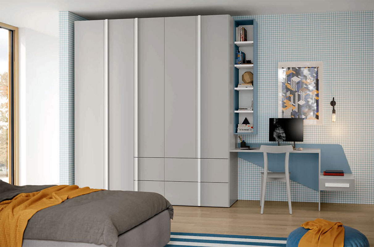 Armadio camerette a 5 ante e 4 cassetti, finitura Grigio dorian 