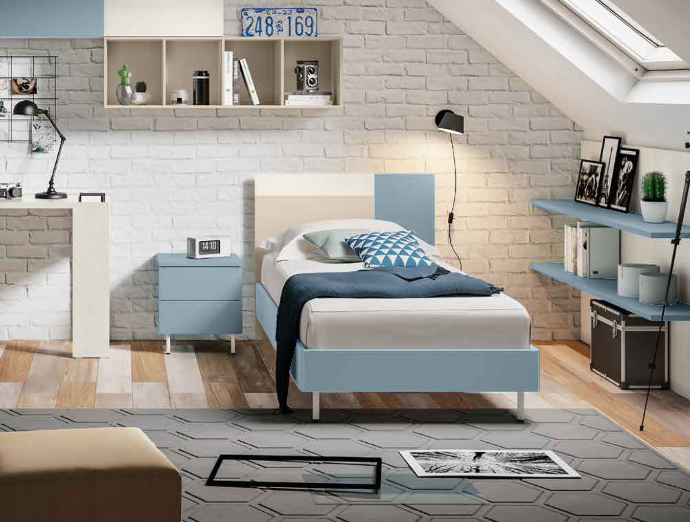 Letto singolo POP 01, finitura Larice Bianco, Carta da zucchero e Orzo