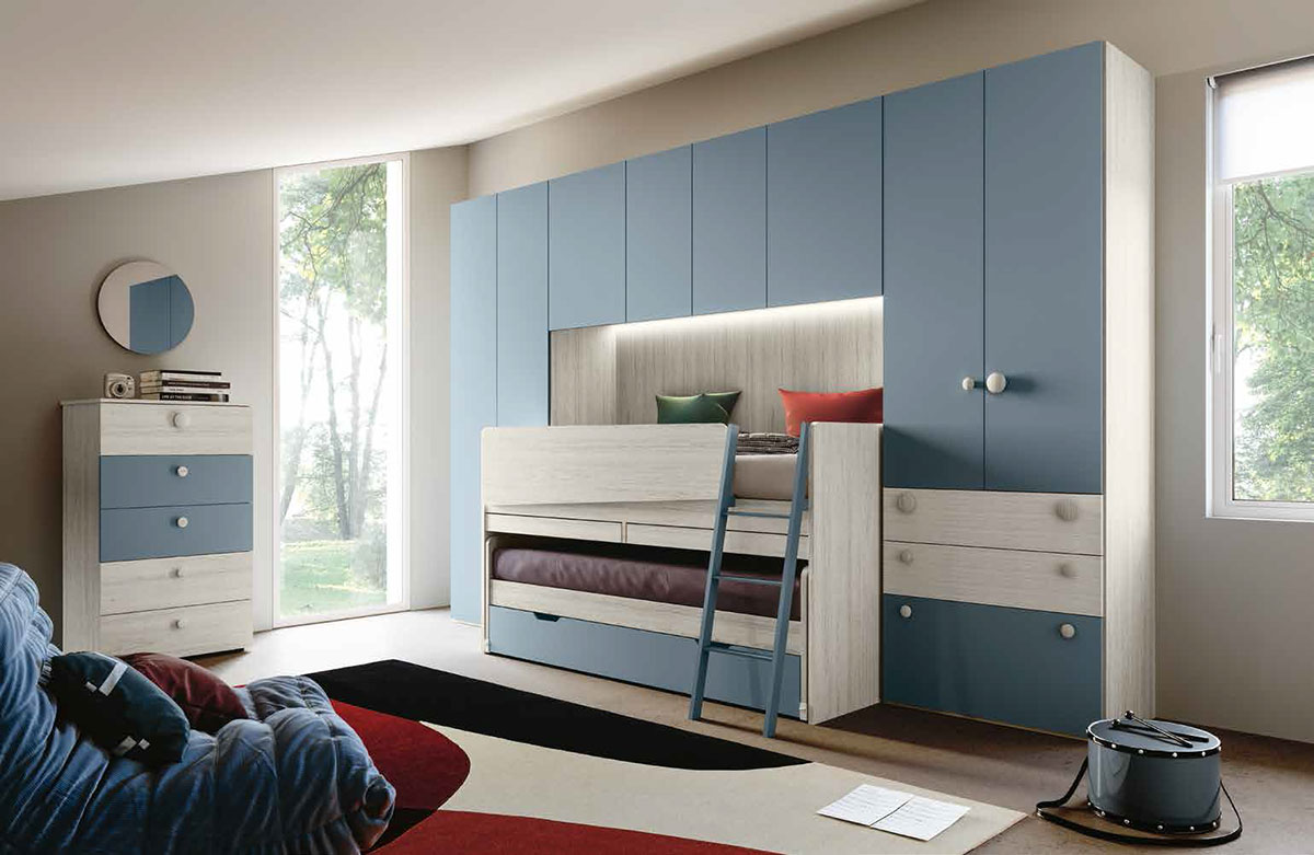 Cameretta 3 letti con scrivania, finitura Carta da zucchero e Bianco altea