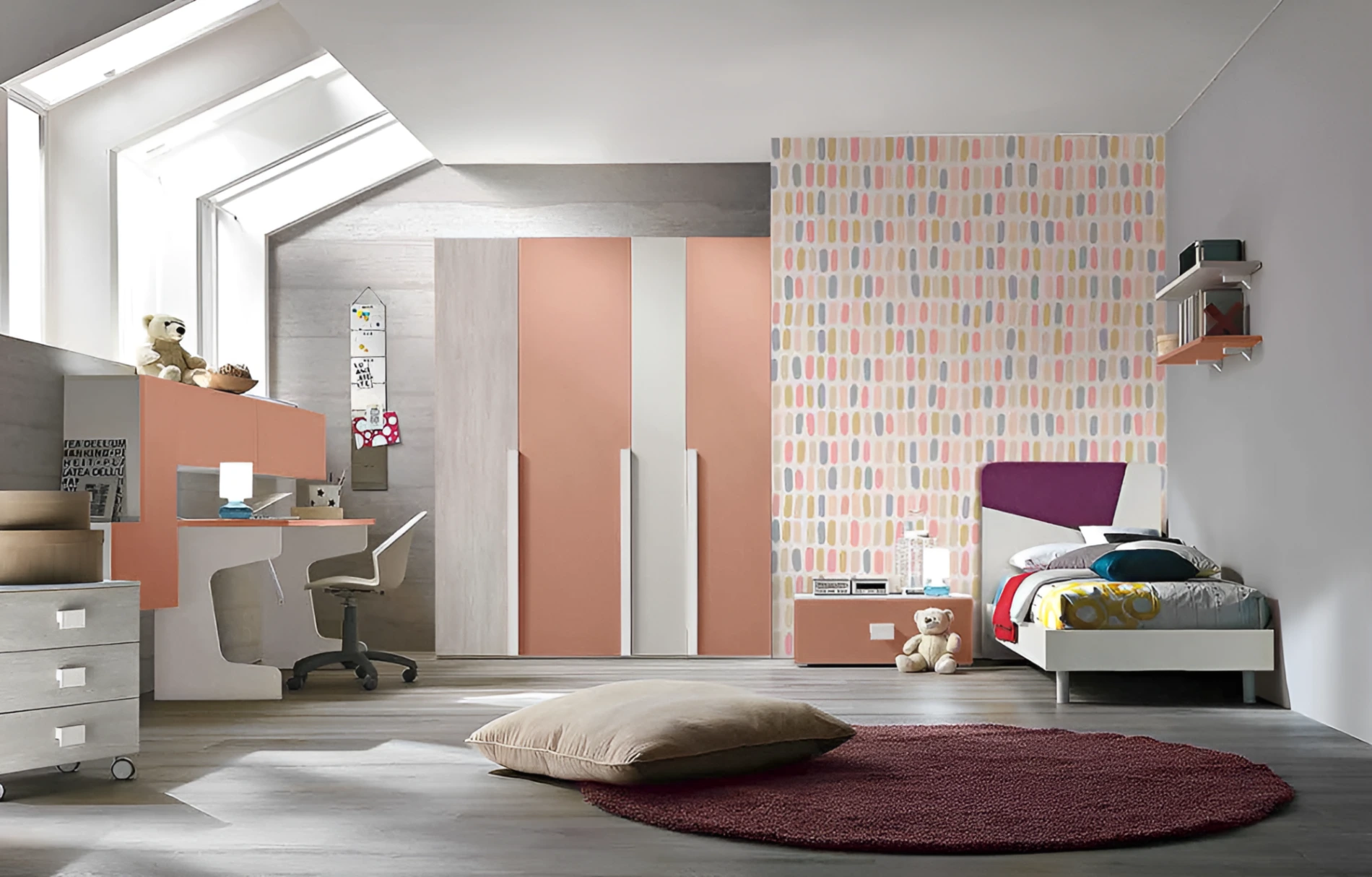 Cameretta con letto singolo, finitura Nebbia, Gessato cenere e Rosa antico