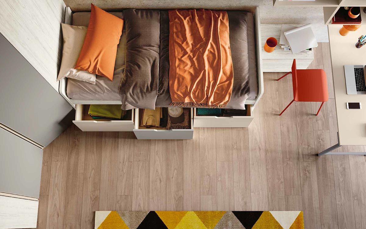 Letto 3 cassetti, finitura Bianco altea, Orzo e Grigio seta