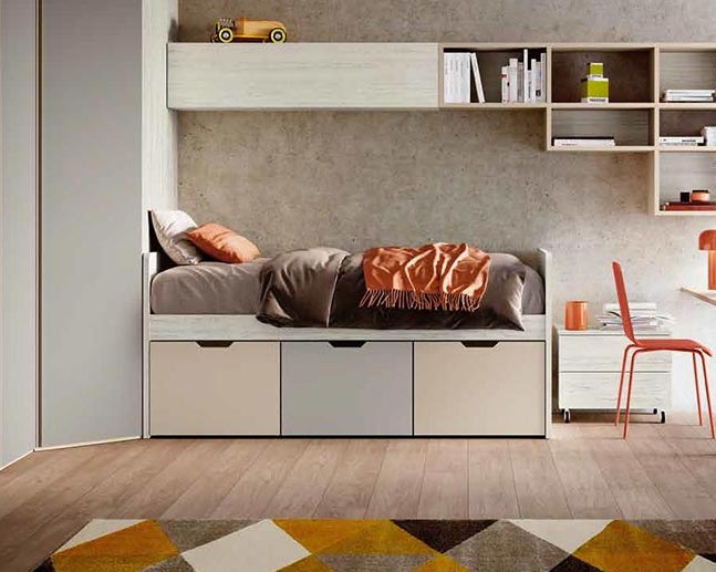 Letto 3 cassetti, finitura Bianco altea, Orzo e Grigio seta