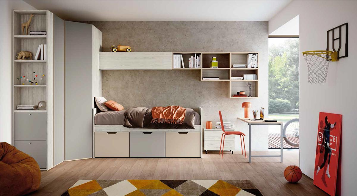 Letto 3 cassetti, finitura Bianco altea, Orzo e Grigio seta