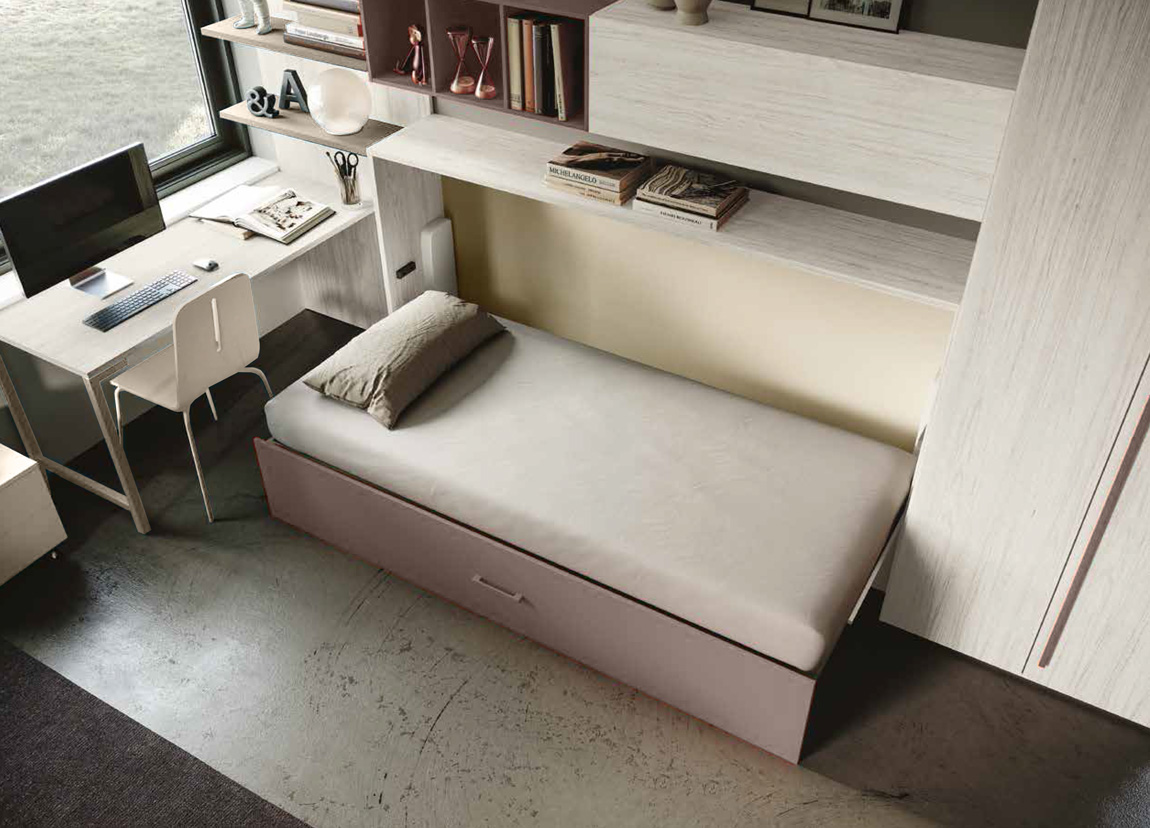 Cameretta con letto a scomparsa e armadio 2 ante, finitura Bianco altea e Bronzo