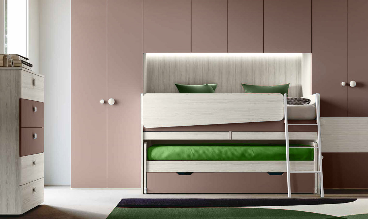 Cameretta a ponte con 3 letti e scrivania, finitura Bronzo e Bianco altea