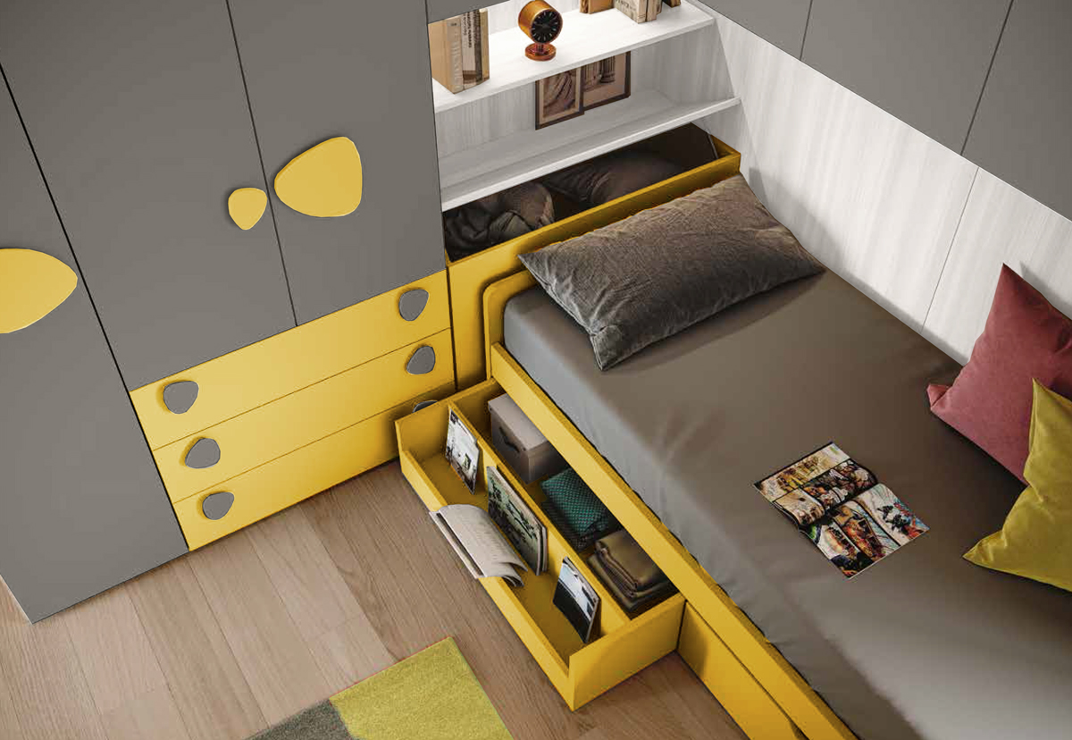 Cameretta bambini a ponte, finitura Grigio cenere, Giallo cedro e Bianco altea