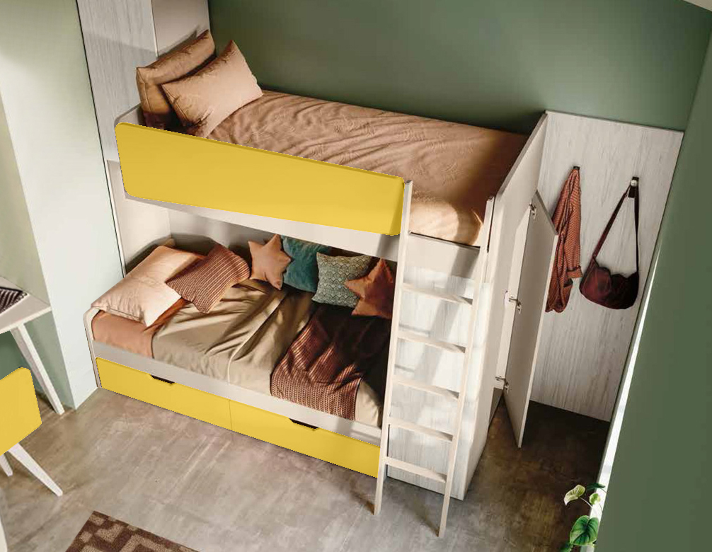 Letto castello con cassettoni Bianco altea, Orzo e Giallo cedro