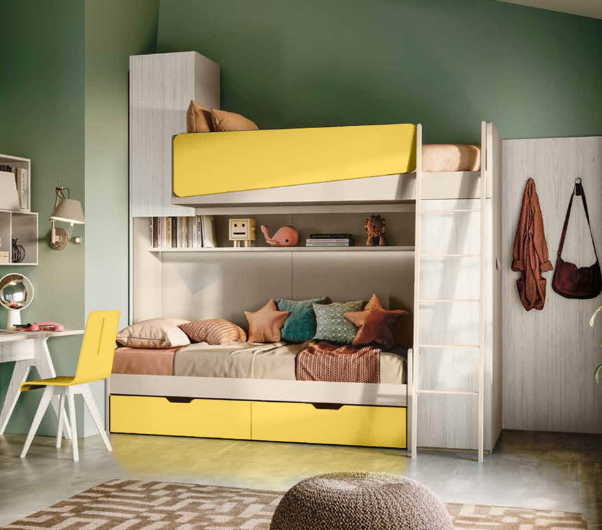 Letto castello con cassettoni Bianco altea, Orzo e Giallo cedro