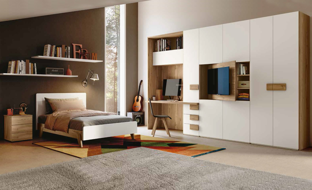 Armadio porta tv e scrivania, finitura Bianco e Noce biondo