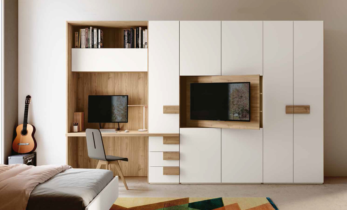 Camera ragazzi bianca e noce biondo, con zona studio