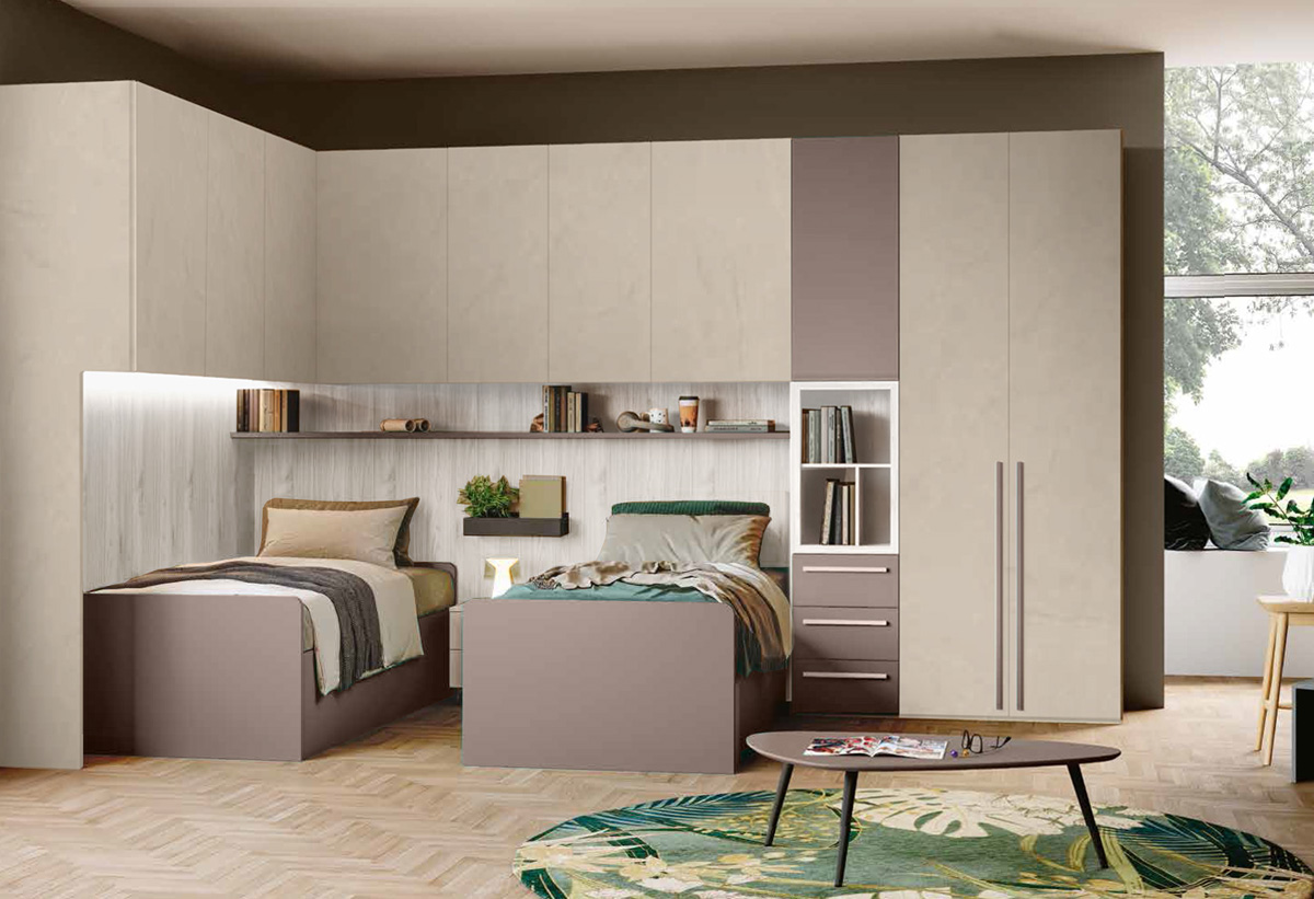 Cameretta a ponte angolare, finitura Argilla, Bronzo e Bianco altea