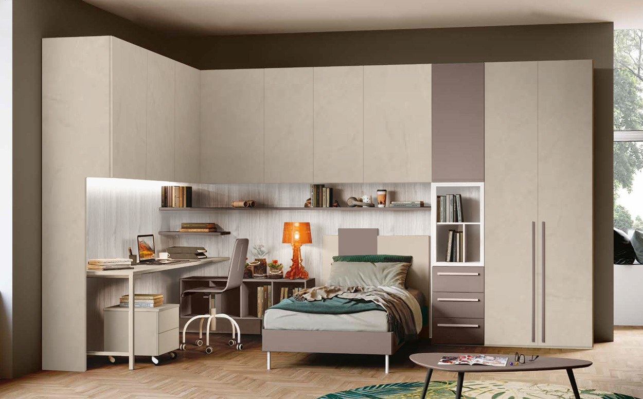 Cameretta a ponte angolare, finitura Argilla, Bronzo e Bianco altea