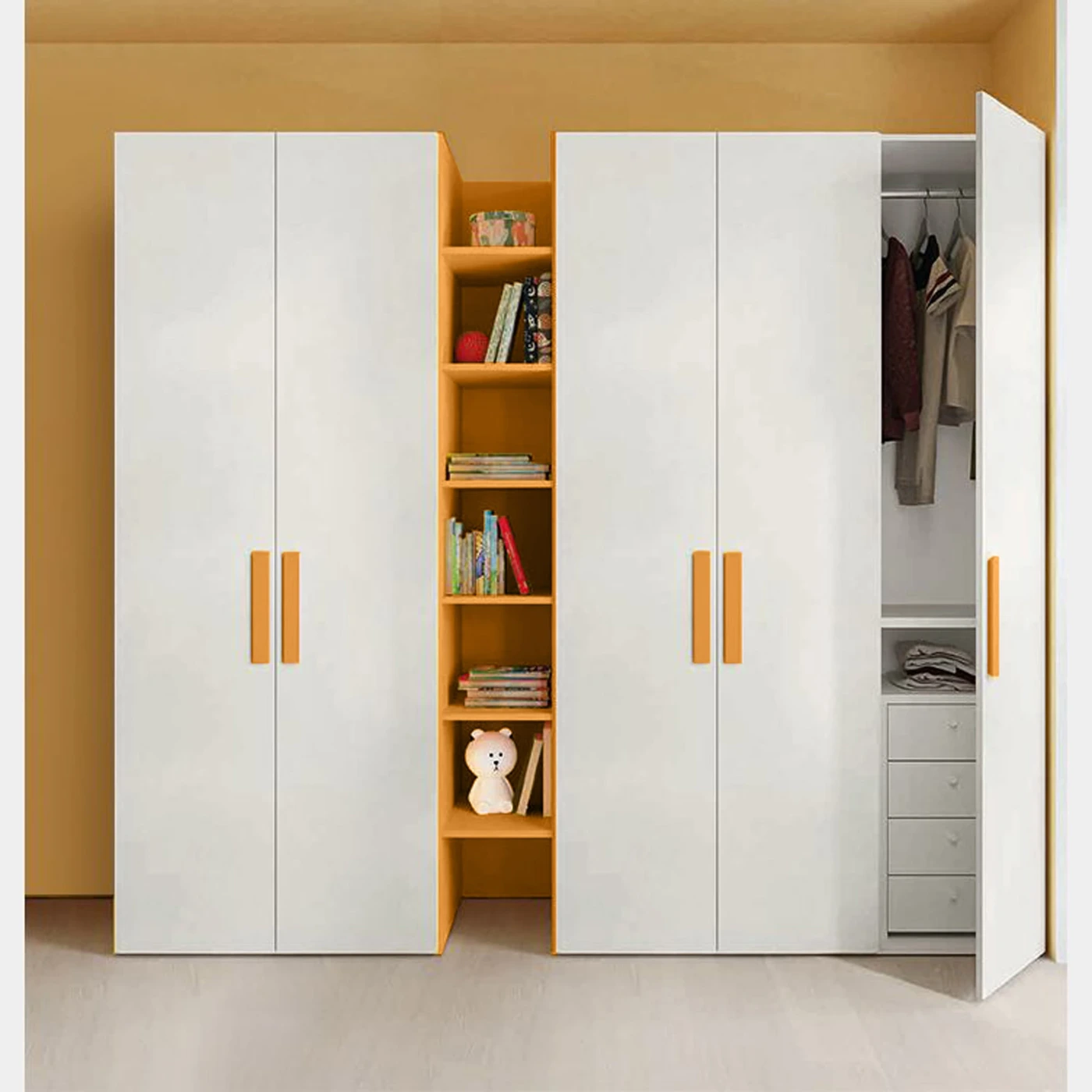 Armadio con libreria per camerette, 5 ante battenti, finitura Cemento artico e Miele