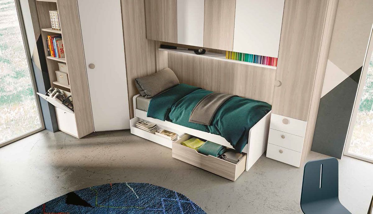 Divano letto cassettoni per camerette, finitura Bianco e Olmo natura