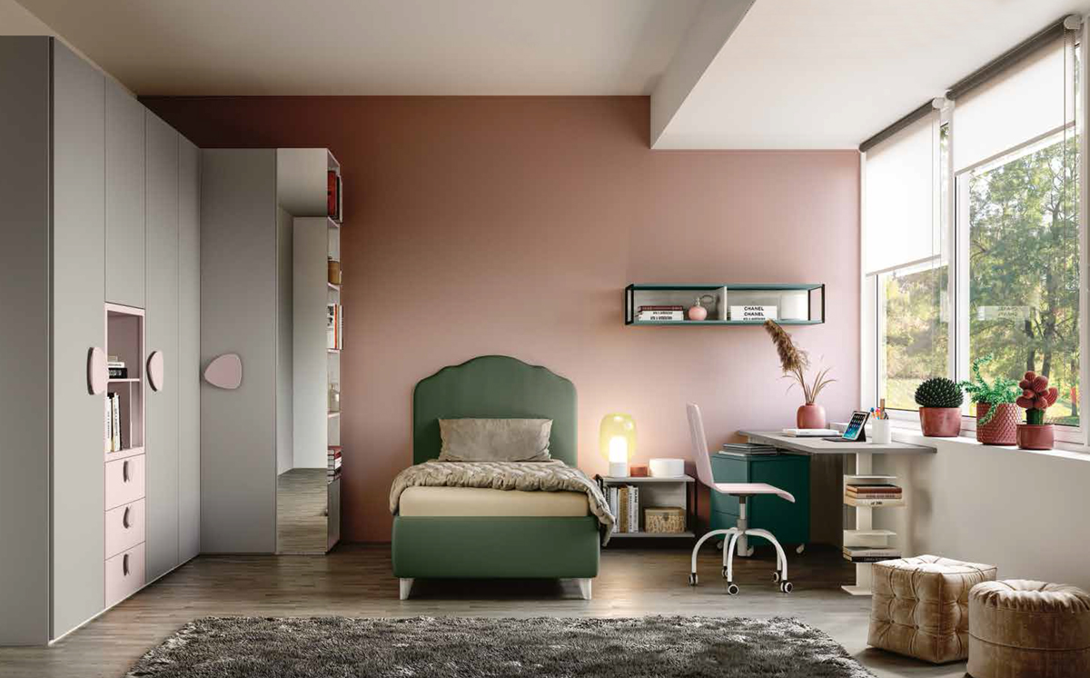 Cameretta bambina Grigio seta, Rosa e Bianco altea con letto imbottito