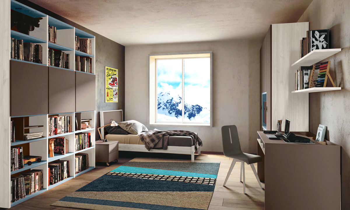 Cameretta con libreria, armadio e letto in Bronzo, Bianco altea e Carta da Zucchero