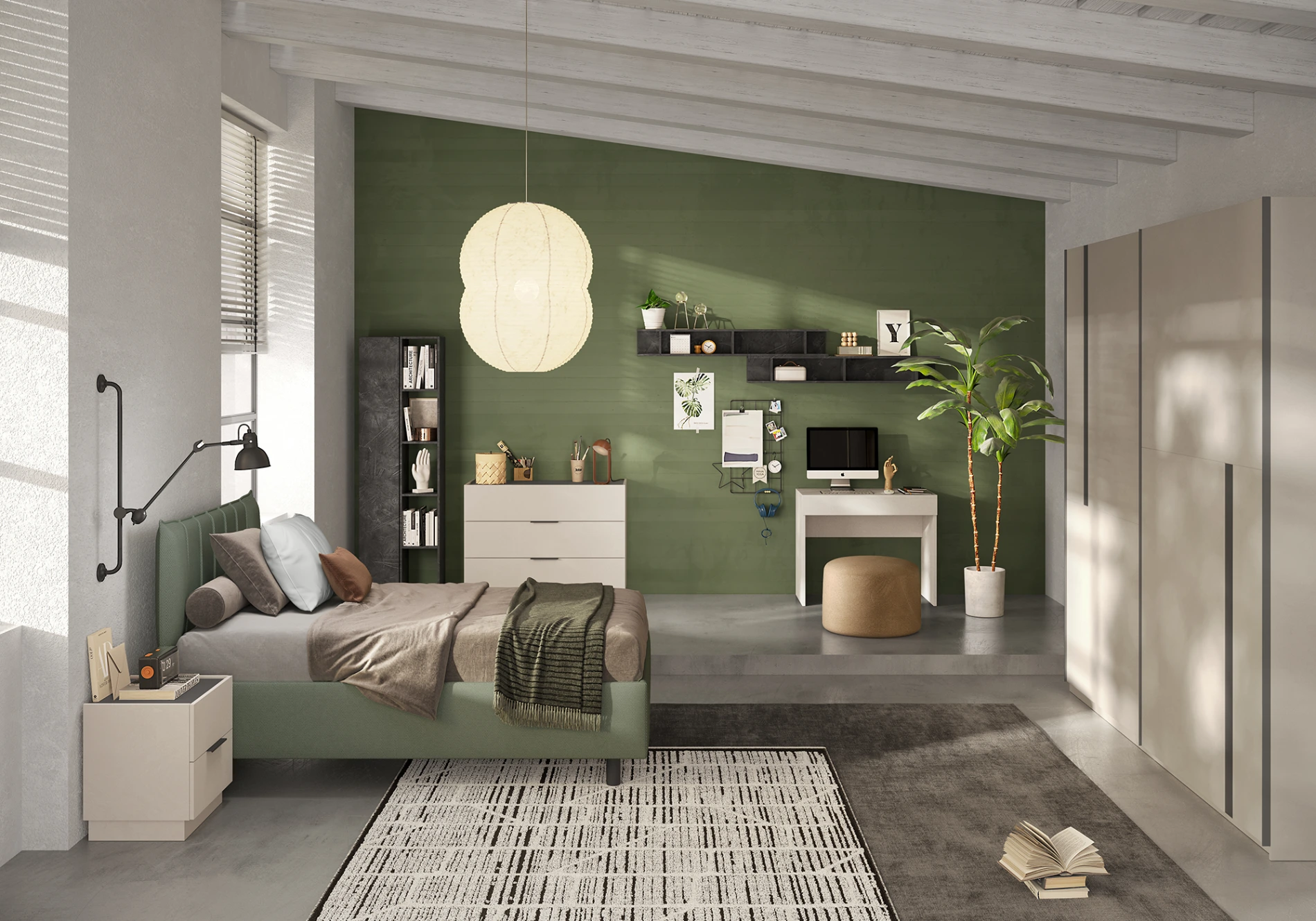 cameretta con letto una piazza e mezza verde