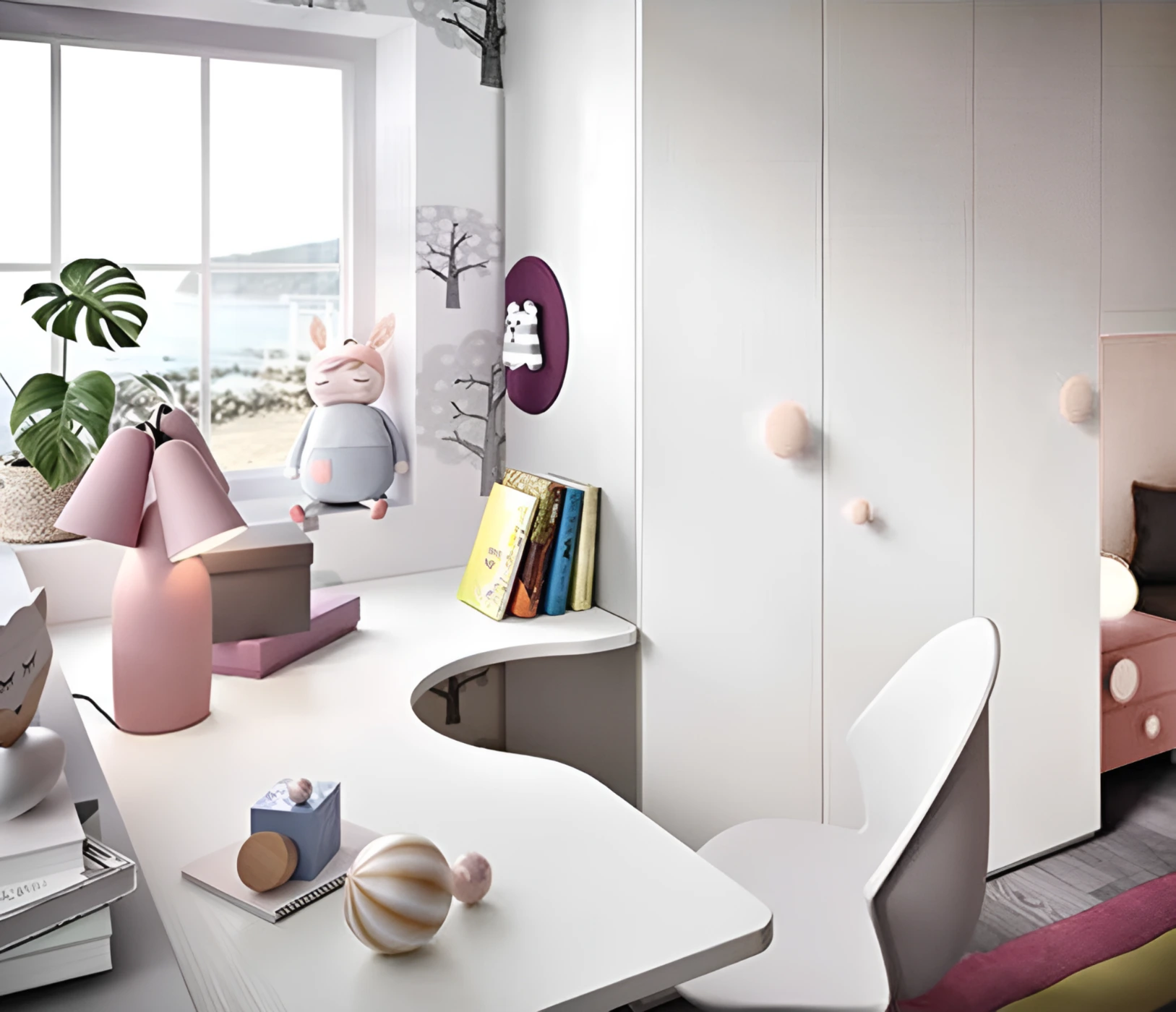 Cameretta con soppalco angolare, finitura Bianco frassino, Peonia e Rosa antico