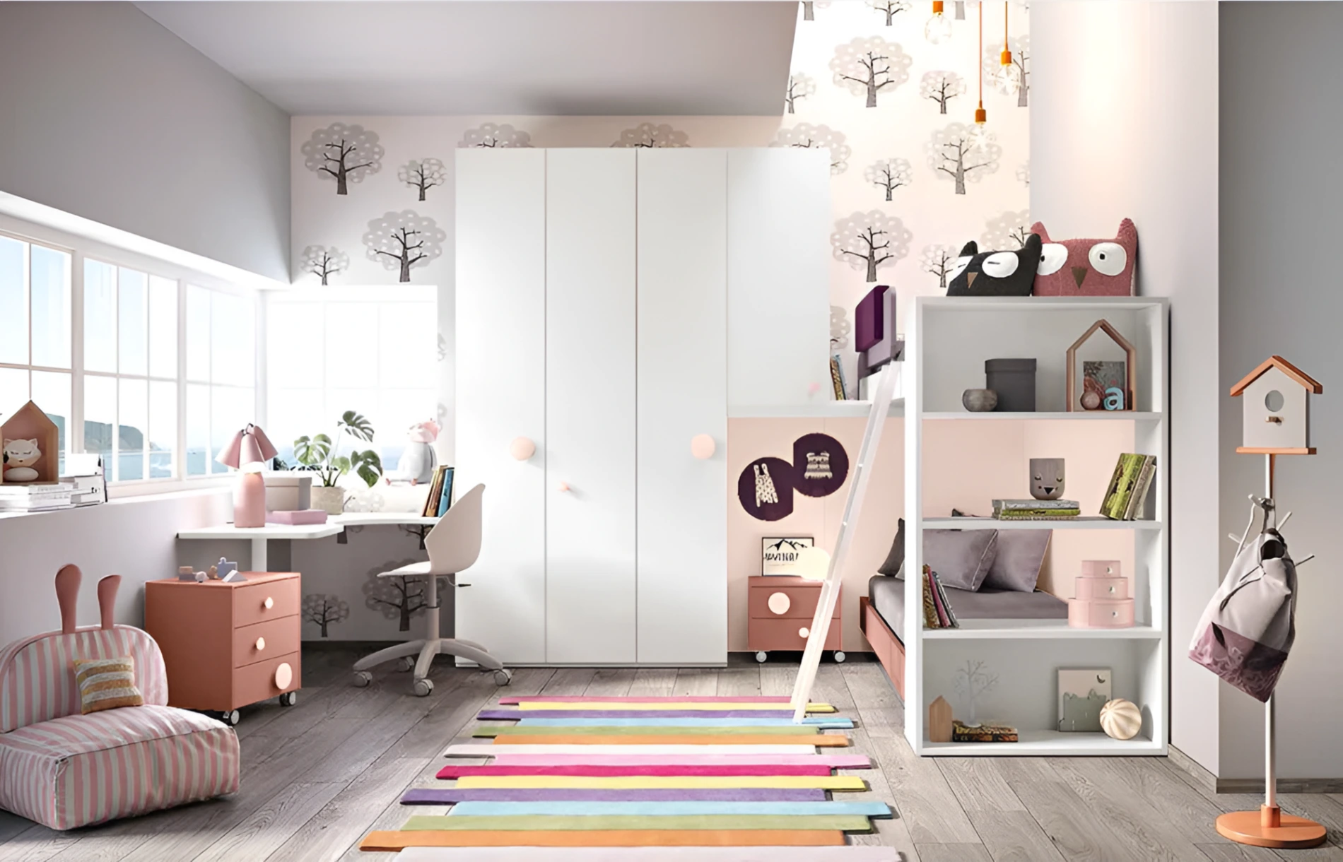 Cameretta con soppalco angolare, finitura Bianco frassino, Peonia e Rosa antico