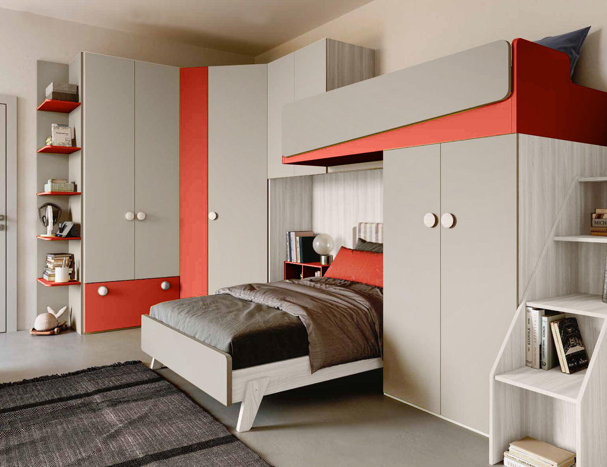 Cameretta con soppalco ad angolo, finitura Bianco altea, Grigio seta e Corallo