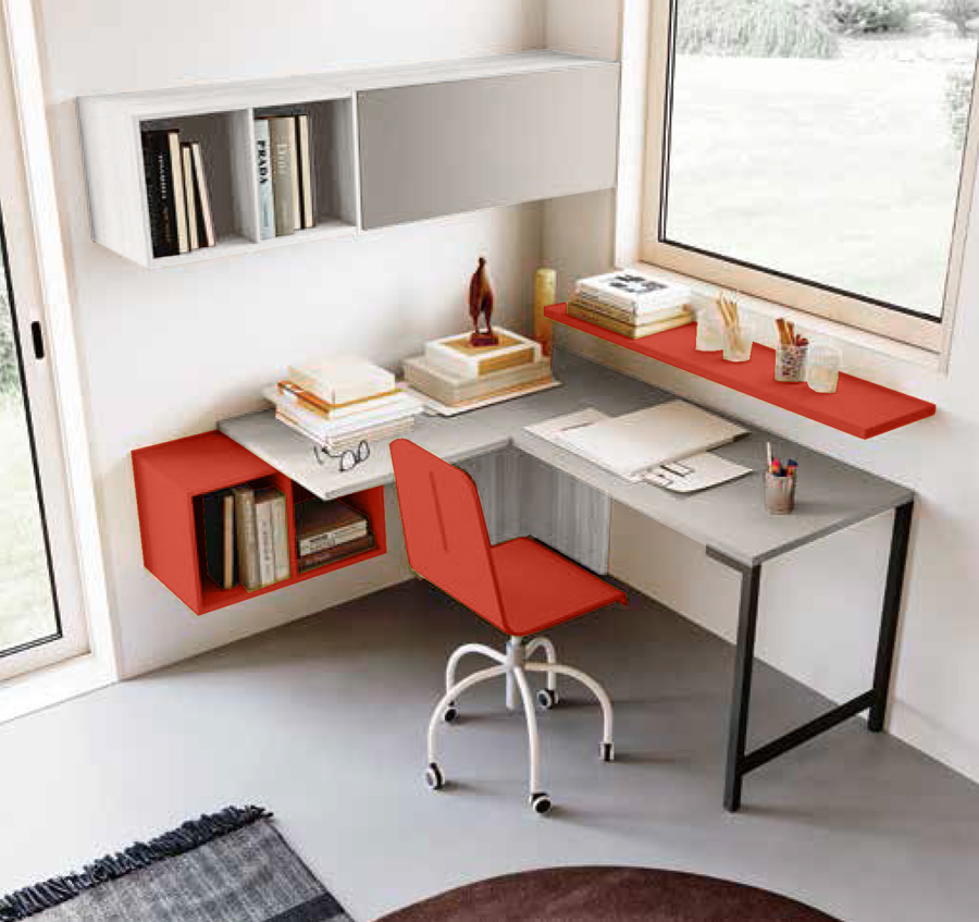 Cameretta con soppalco ad angolo, finitura Bianco altea, Grigio seta e Corallo