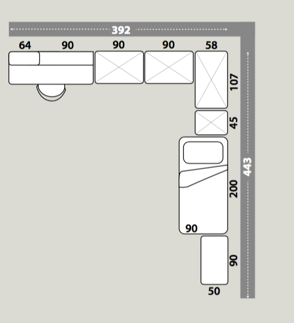 Cameretta salvaspazio con armadio angolare e divano letto, finitura Bianco frassino e Tortora