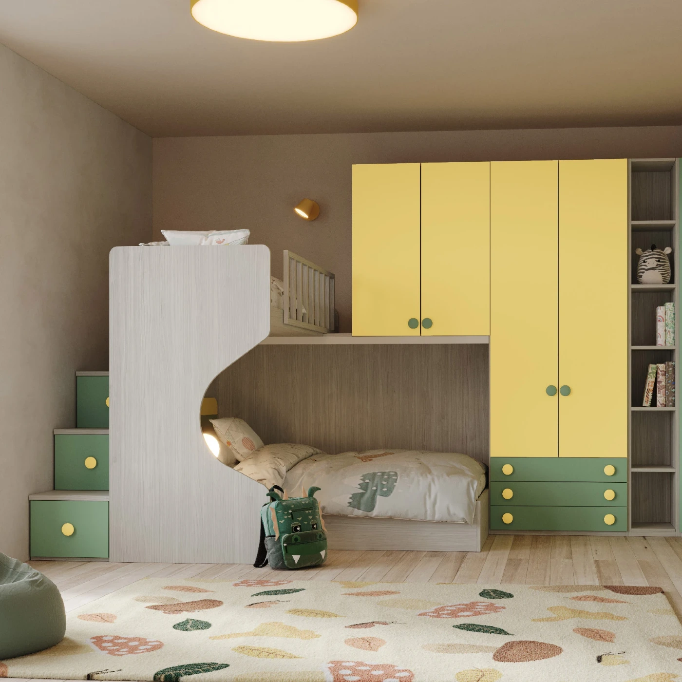 Soppalco angolare con letto contenitore 1 piazza e mezza, Cenere wood, Giallo, Salvia Zenzero Shop