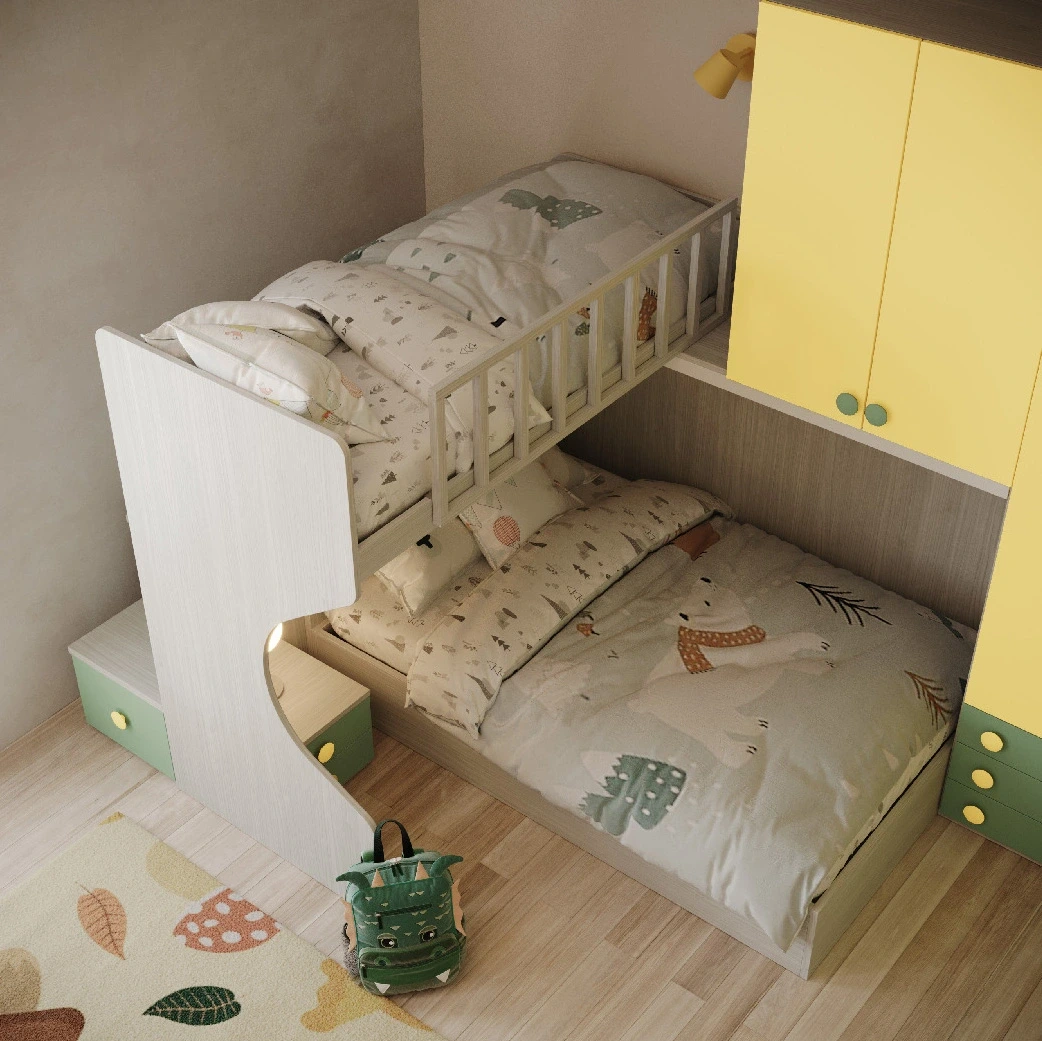 Soppalco angolare con letto contenitore 1 piazza e mezza, Cenere wood, Giallo, Salvia Zenzero Shop