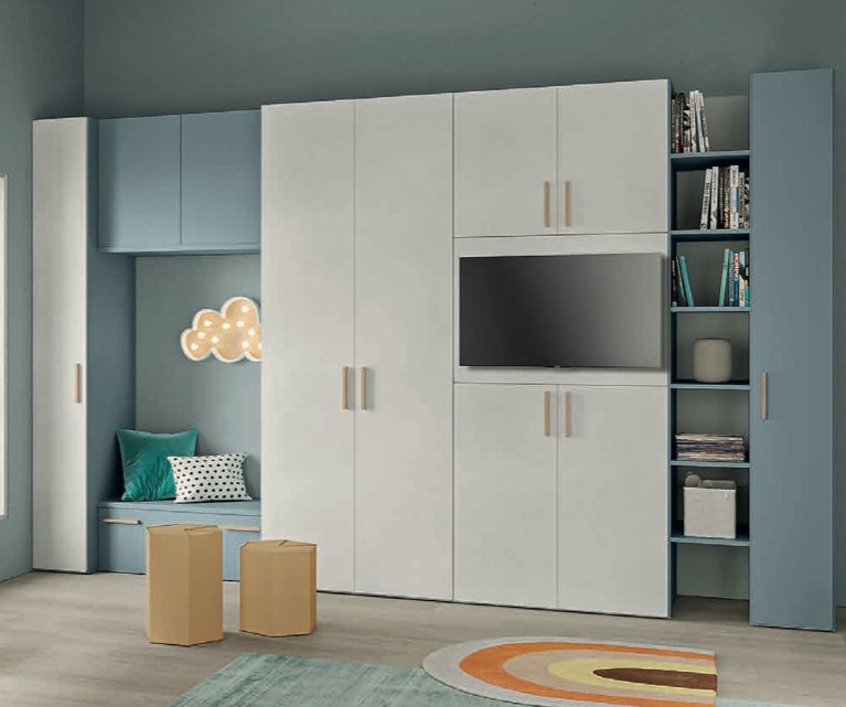 Armadio con porta tv e libreria, finitura Cemento artico, Cadaques e Royal oak