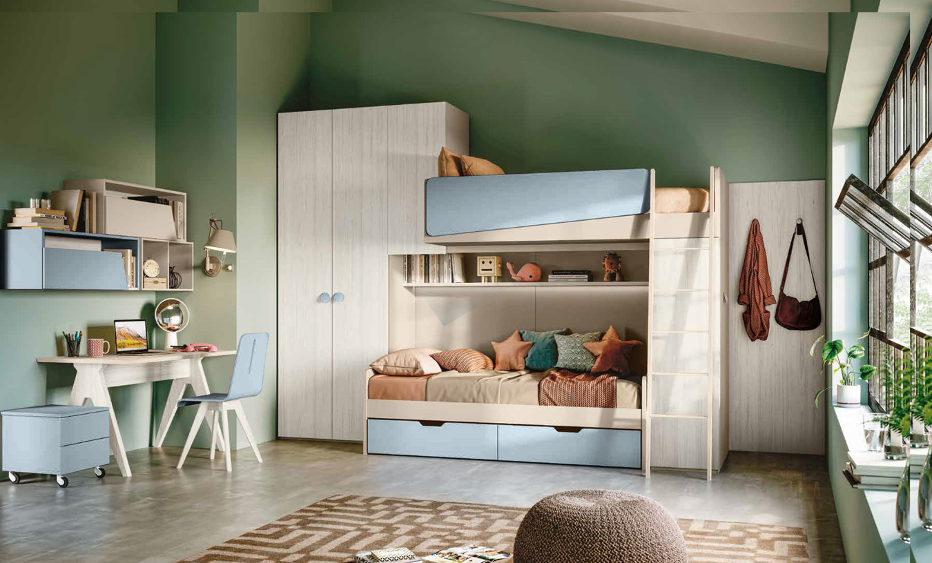 Soppalco per camerette, 5 ante finitura Bianco altea, Orzo e Carta da zucchero