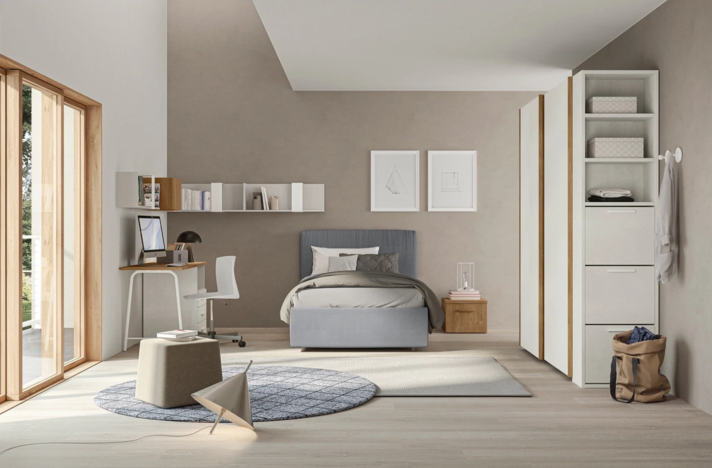 Camera per ragazzi con letto in tessuto, Rovere cognac e Cemento artico